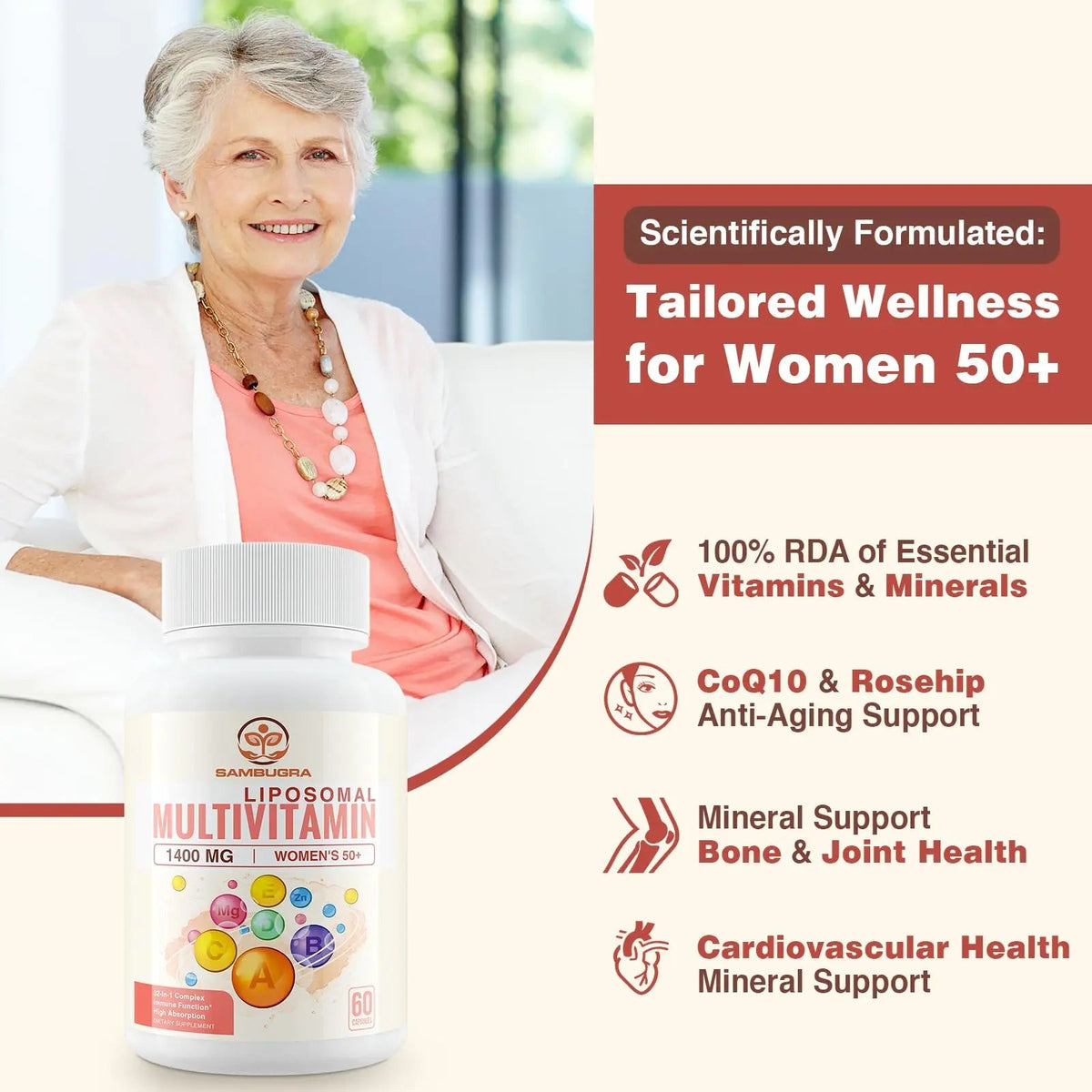Sambugra Liposomal Multivitamin for Women 50+ - Women Daily Multivitamin with 32 Ingredients, CoQ10, Vitamins C, B, D, E Sambugra