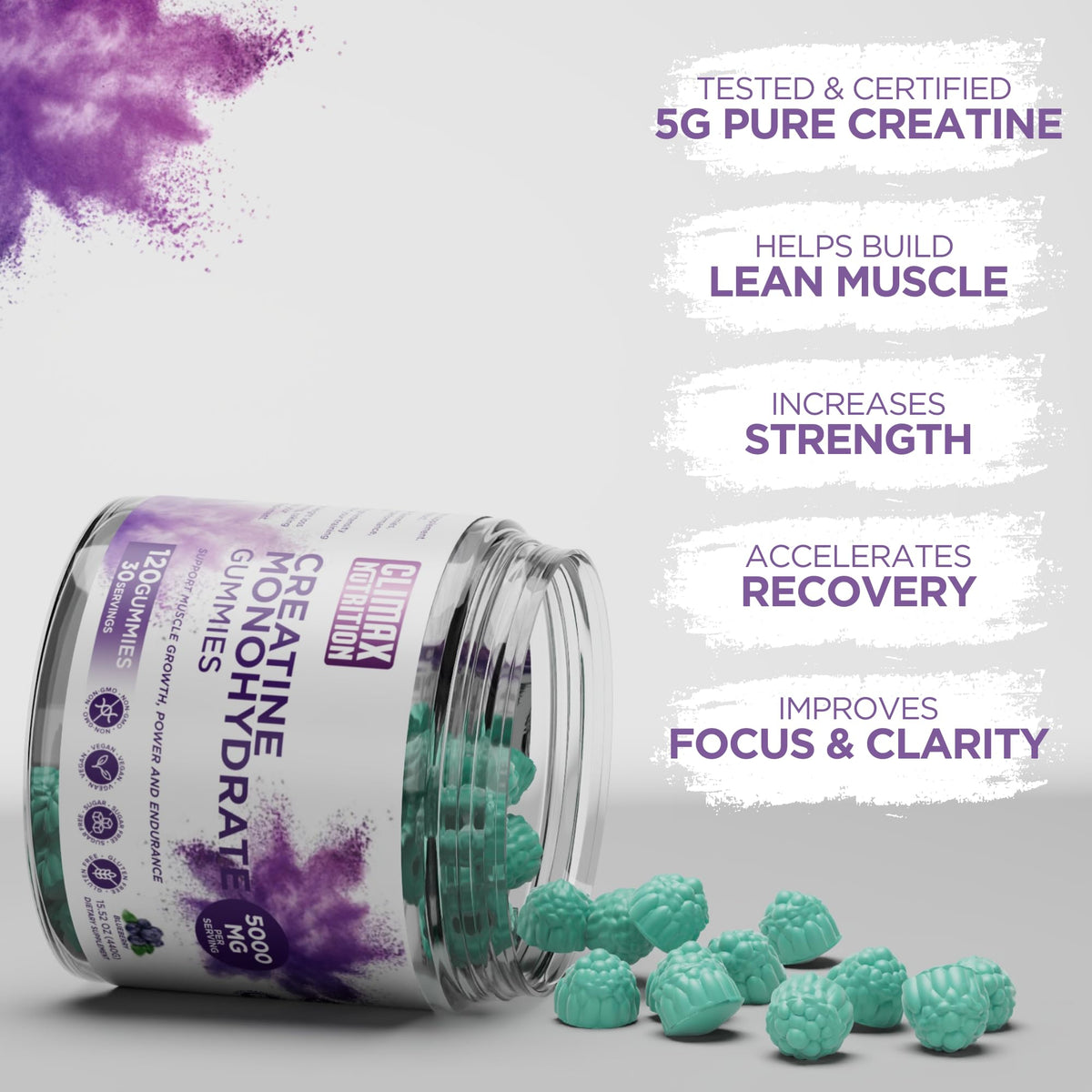 Creatine Monohydrate Gummies - Vegan, Sugar-Free, Gluten-Free - Boosts Muscle Recovery, Strength & Lean Muscle Growth - Brain Health Support - for Men & Women - Blueberry Flavor - 120 Gummies CLIMAX NUTRITIONBuy Supplements Australia