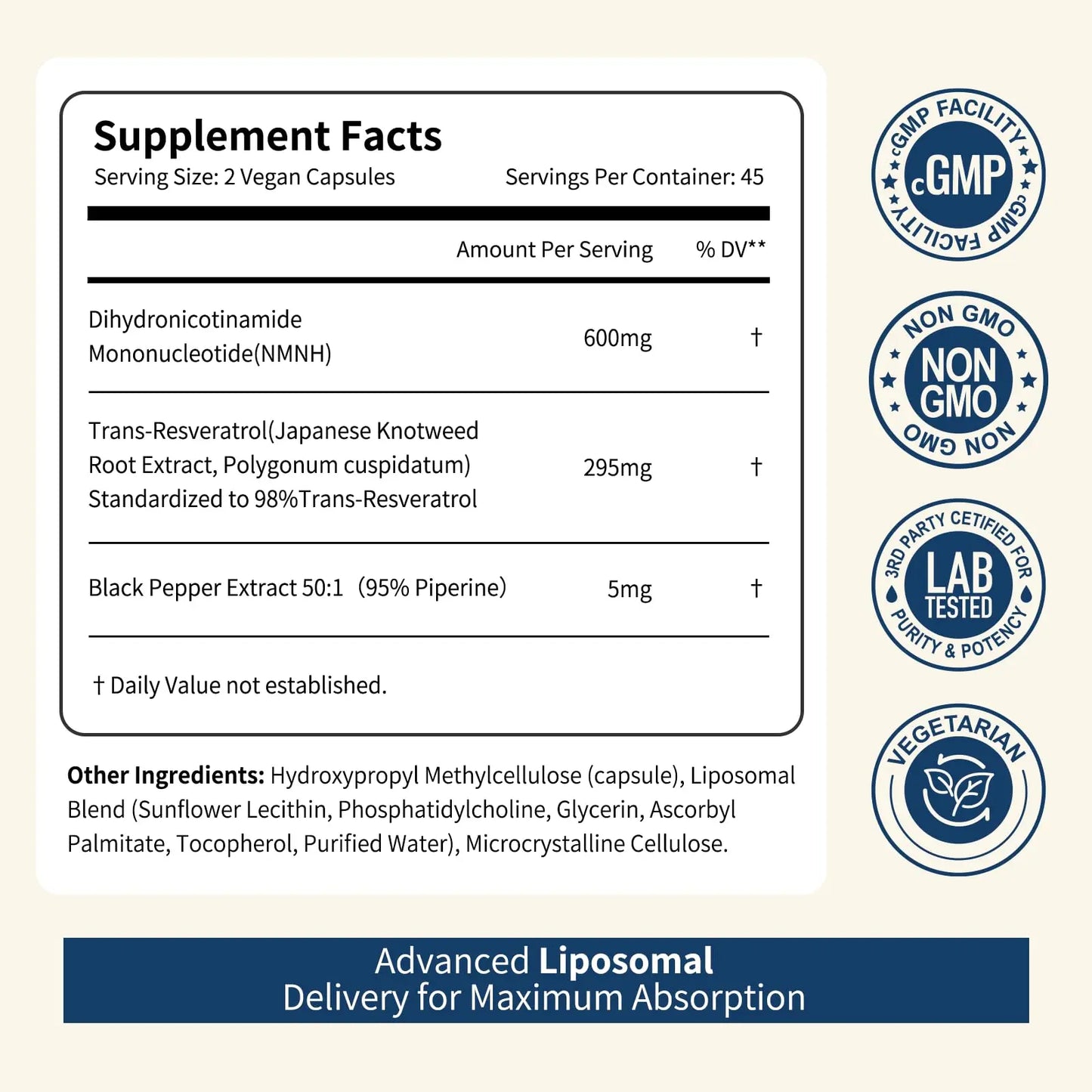 NUISM NMNH NAD+ Supplement, Liposomal 600mg NMN NAD+ and Resveratrol Complex for Cellular Energy, Healthy Aging & Metabolic Support, 90 Capsules NUISMBuy Supplements Australia
