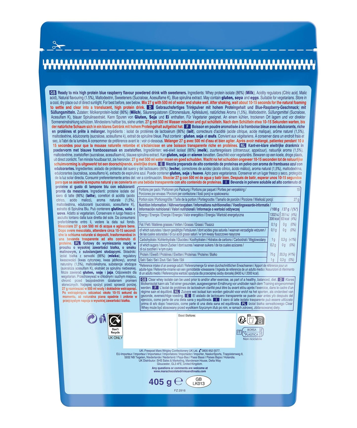 Hubba Bubba Blue Raspberry Clear Whey Isolate, Protein Powder Drink, 405g Pouch Hubba BubbaBuy Supplements Australia