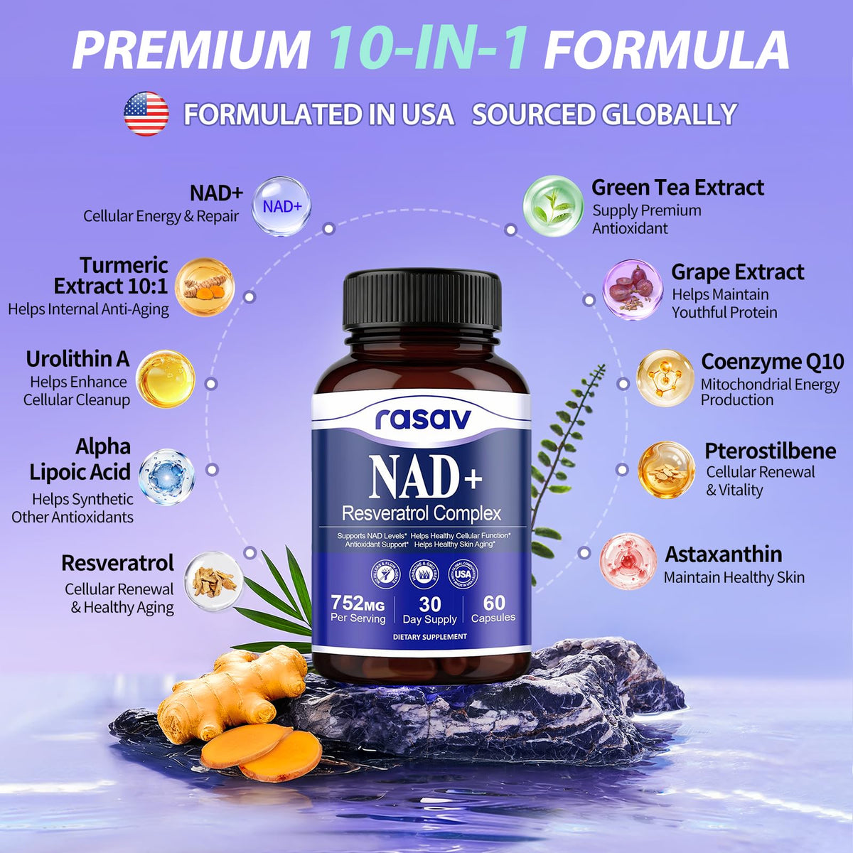 Rasav NAD Supplement 10-in-1 Extra Strength – NAD Resveratrol with CoQ10, Urolithin A, Green Tea Extract & ALA – NMN Supplement Alternative for Women & Men RasavBuy Supplements Australia