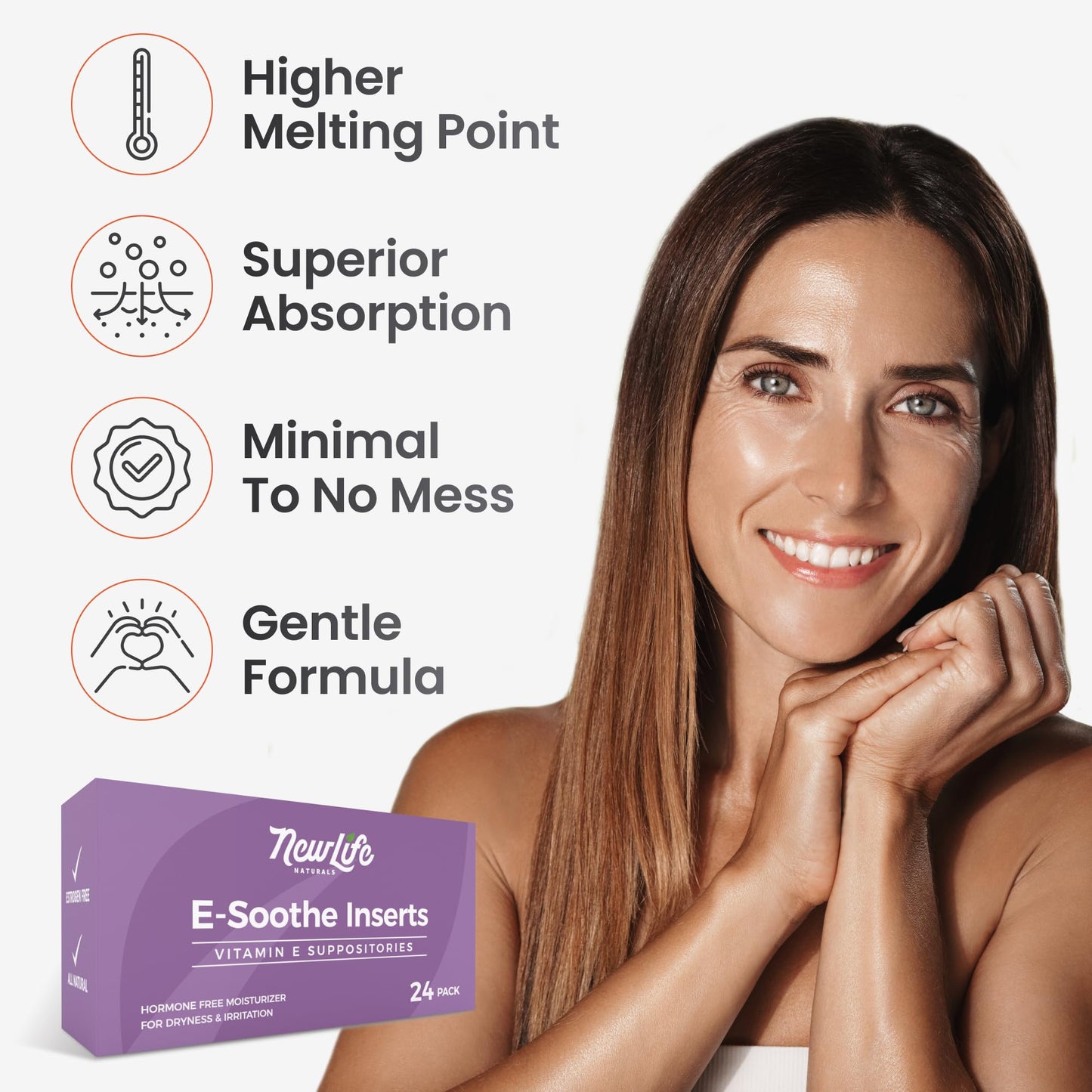NewLife Naturals Vitamin E Vaginal Suppositories 38IU ESoothe - Moisture & Hydration Support - All Natural Estrogen Free Feminine Care - 24 Inserts NewLife NaturalsBuy Supplements Australia