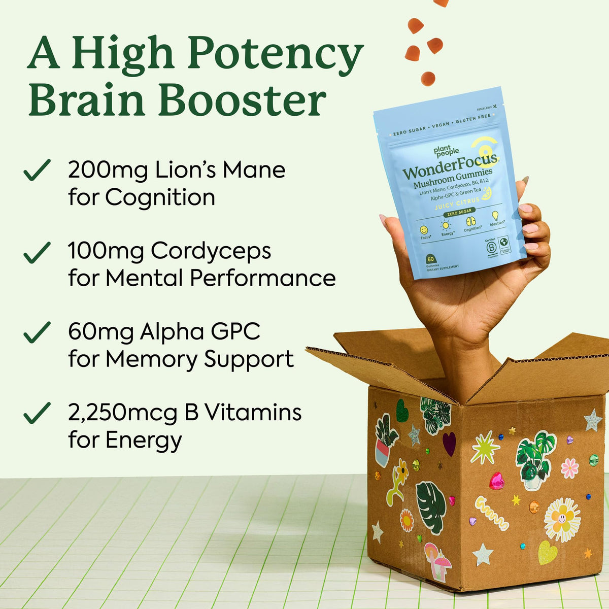 Plant People WonderFocus Mushroom Gummies with Lion’s Mane & Cordyceps - Nootropic Brain Supplement Boosts Memory, Focus, Energy & Mood in Adults | No Sugar, 100% Vegan, Citrus Flavor, 60 Count Plant PeopleBuy Supplements Australia