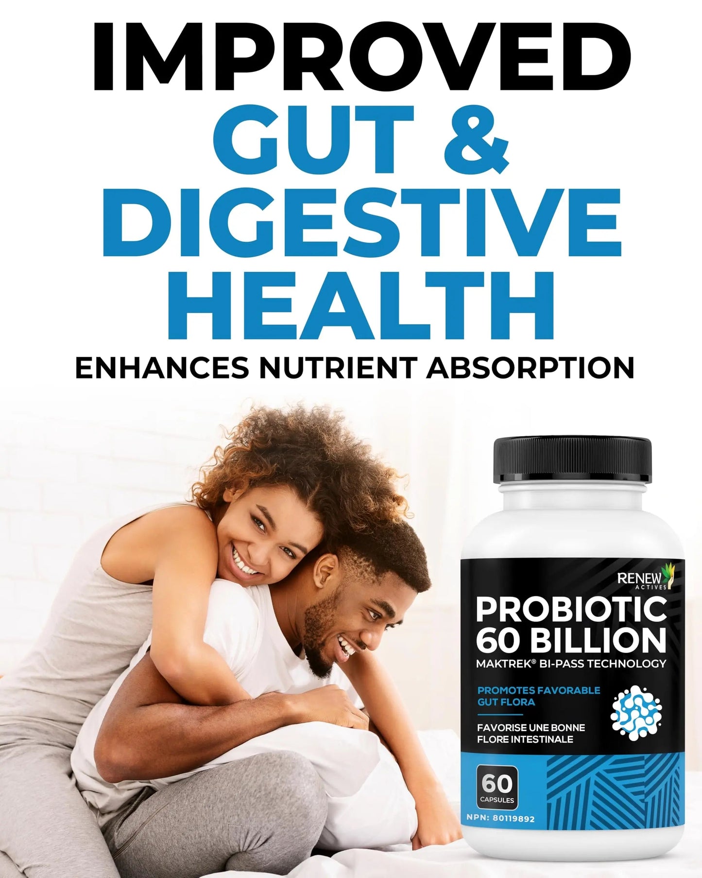 Renew Actives Probiotic Supplement for Digestive Health 60 Billion CFU per 2 Capsules - Advanced Formula with Prebiotic Benefits - Supports Gut Flora Balance & Wellness - Made in Canada - 60 Capsules Renew ActivesBuy Supplements Australia