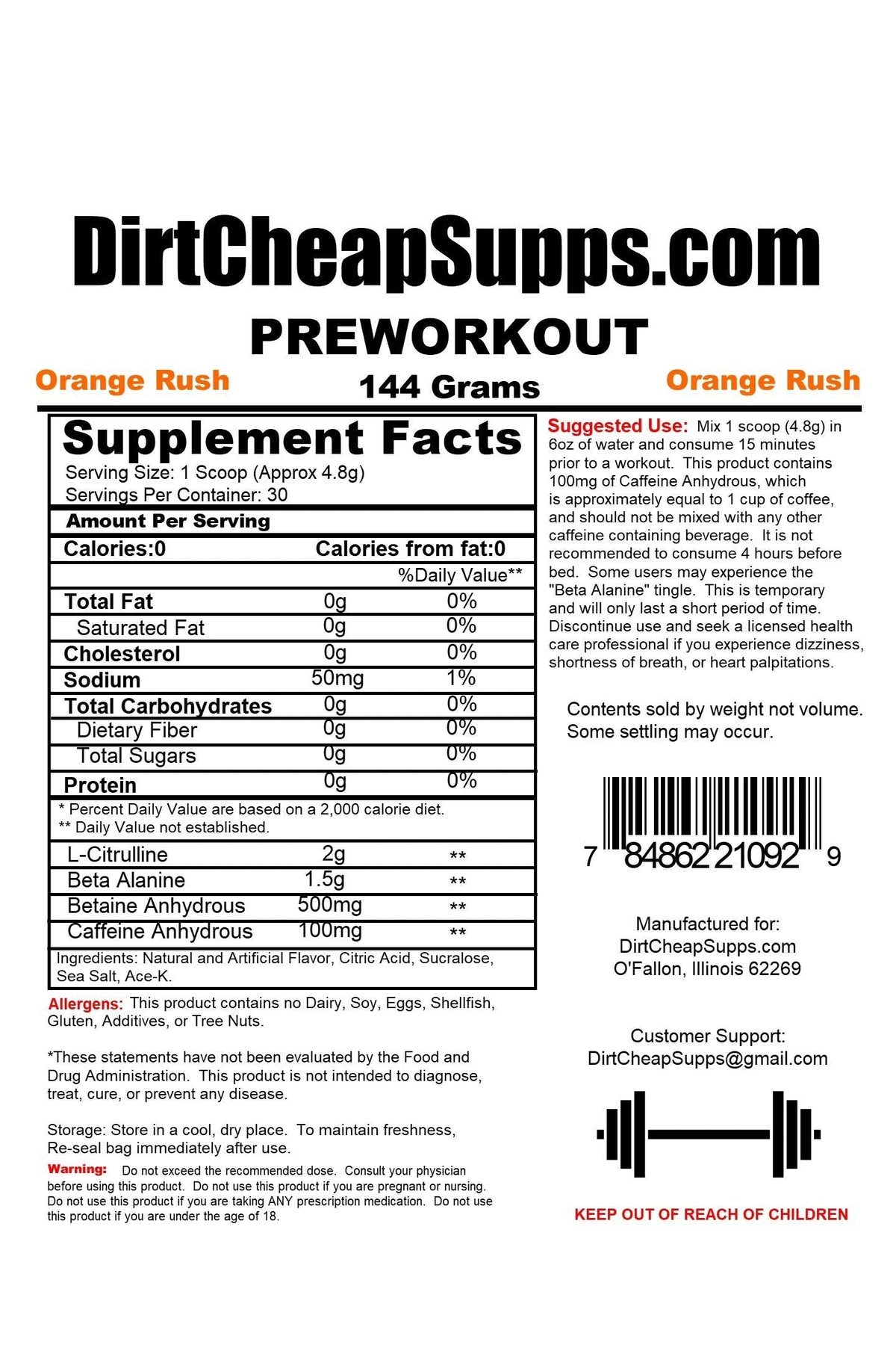 DirtCheapSupps Pre Workout (30 Servings) Orange - Increase Pump and Energy