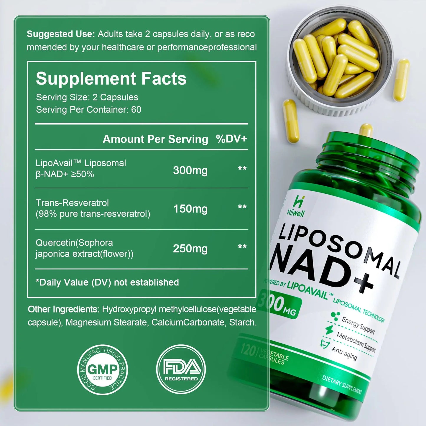 Liposomal NAD Supplement 300mg + Trans-Resveratrol & Quercetin, Energy & Anti-Aging Support, Boost NAD+ Levels - Vegan, Pure NAD Resveratrol Supplement for Women & Men, 120 Capsules HiiwellBuy Supplements Australia