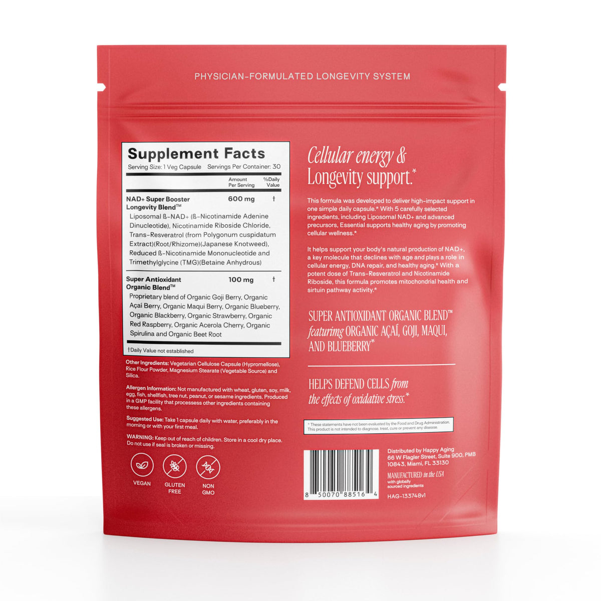 Happy Aging Essential Longevity Formula, NAD+ Super Booster with NR, NMNH & Liposomal β-NAD+, Organic Antioxidant Superfruit Blend for Cellular Energy, Skin Hydration & Daily Vitality, 30 Capsules Happy AgingBuy Supplements Australia