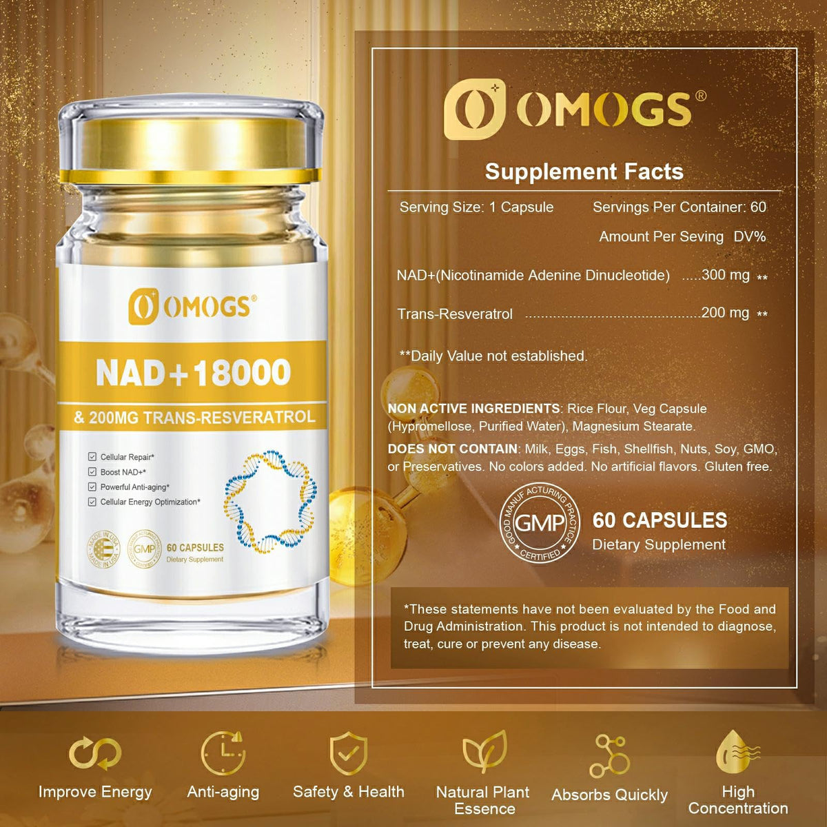 OMOGS NAD+ 300 mg + Trans-Resveratrol 200 mg, Pure NAD Supplement, Max Absorption, Boosting Supplement for DNA Repair, Healthy Aging, Cellular Energy & Longevity, 60 Capsules OMOGSBuy Supplements Australia
