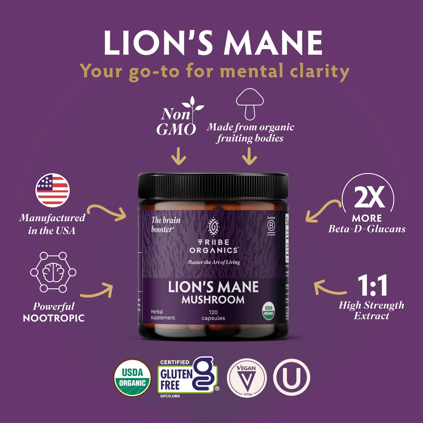 TRIBE ORGANICS Lion’s Mane Supplement 1000mg Mushroom Extract Powder - Immune System Booster & Brain Nootropic for Focus and Memory | Mental Clarity | Natural Energy and Immunity - 120 Vegan Capsules TRIBE ORGANICSBuy Supplements Australia