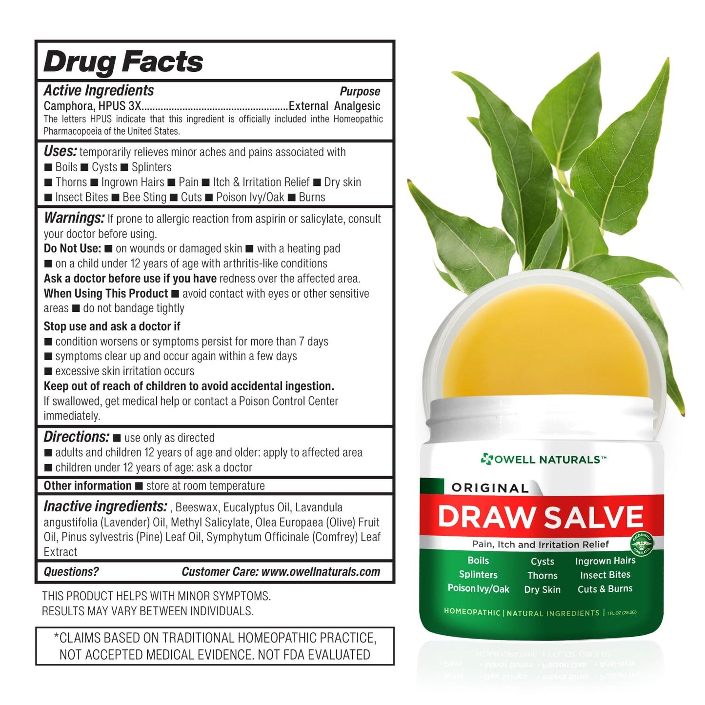 OWELL Naturals Drawing Salve Ointment for Boil & Cyst Removal, Deep Ingrown Hair, Splinter Remover, Bug Spider Bites, Bee Sting, Mosquito Itching, Poison Ivy Owell Naturals buy supplements Au