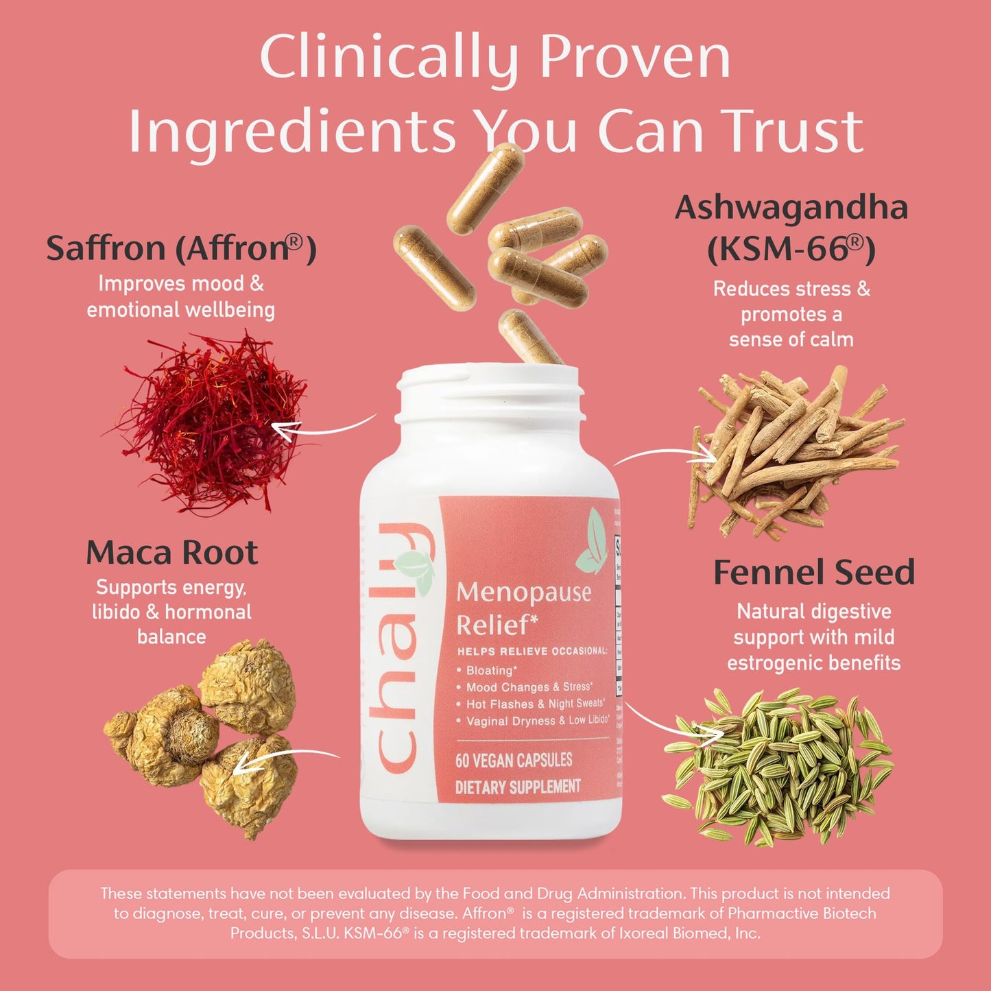 Chaly Menopause Supplements for Women with Ashwagandha KSM 66 and Saffron | Hot Flash, Bloating, Libido, Vaginal Dryness, Stress, and Mood Support Supplement | Menopause Relief Supplements | 60 Count ChalyBuy Supplements Australia