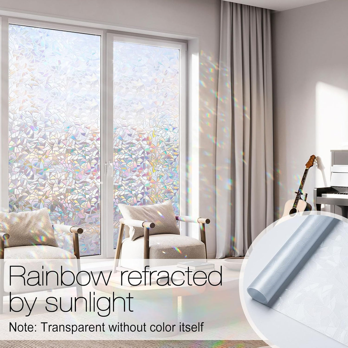 rabbitgoo Window Privacy Film Rainbow Film Decorative Window Sticker, 3D Static Stained