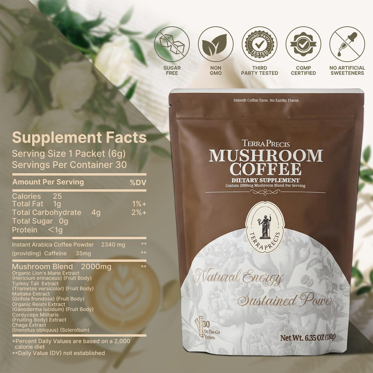 TerraPrecis Mushroom Coffee with 6 Adaptogens Mushrooms Supplement for Organic Lion's Mane&Reishi,Chaga&Other, Instant Coffee with MCT Oil& Arabica for Energy,Focus&Immune Support (30 Servings) TerraPrecisBuy Supplements Australia