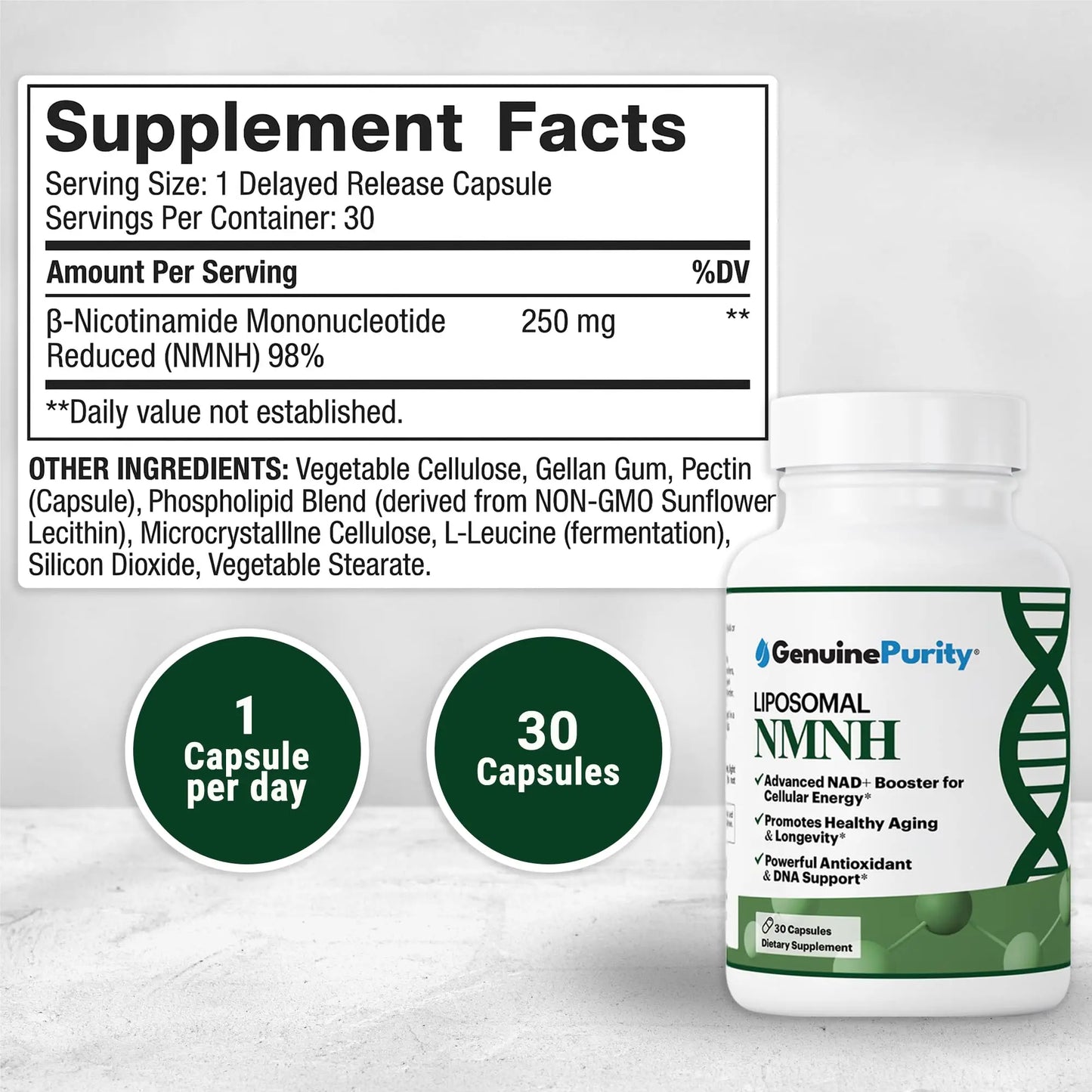 GenuinePurity - NMNH NAD Supplement - 250mg, 30 Count Liposomal NAD+ Supplement for Cellular Health & Energy - GMP Certified Advanced Reduced Form of NMN for Superior Stability & Absorption GenuinePurityBuy Supplements Australia