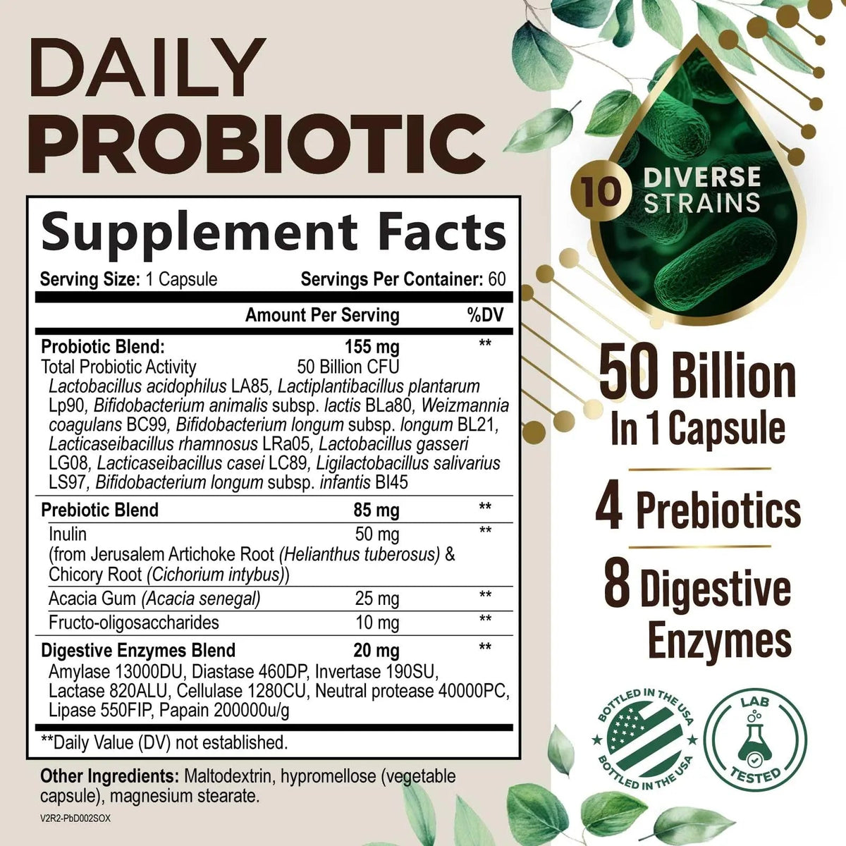 Probiotics 50 Billion CFU per Serving - 10 Strains + Prebiotics - Digestive Health, Gut & Immune Support - Occasional Constipation, Gas & Bloating Support for Women & Men, Bottled USA - 60 Capsules Health Nutrition NaturalsBuy Supplements Australia