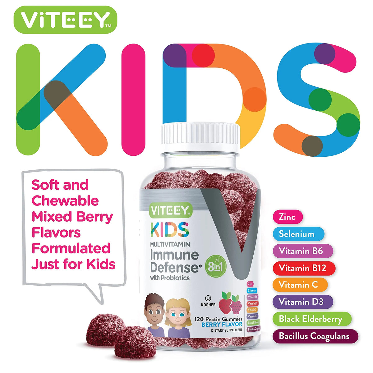 Viteey Kids Multivitamin Gummies with Probiotics - 8-1 Kids Vitamins for Immune Health Support with Vitamin C, D3, B12, B6 Viteey