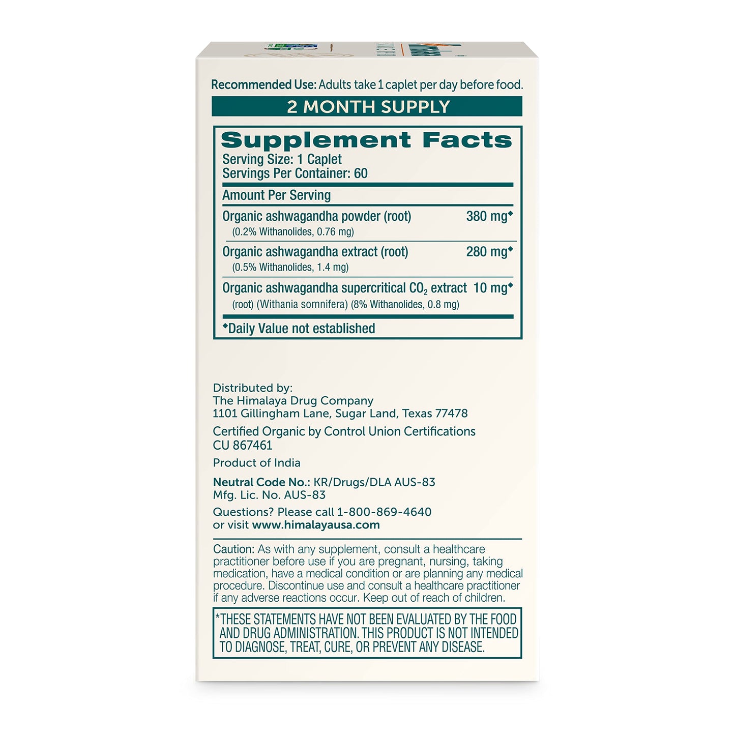 Himalaya Organic Ashwagandha Root - Adrenal Support, Stress Relief, Vegan, Non-GMO - 670 mg, 60 Caplets HimalayaBuy Supplements Australia