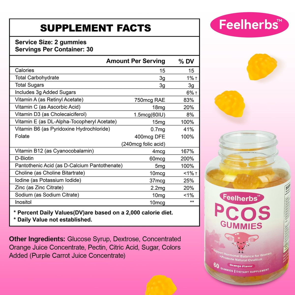 PCOS Gummies for Women Menstrual Cycle & Hormonal Balance, 60 Count Ovarian Support Gummies with Myo-Inositol, Folate and Vitamins, Orange Flavor PCOS Vitamins Gummies Helps Fertility and Ovulation FeelherbsBuy Supplements Australia