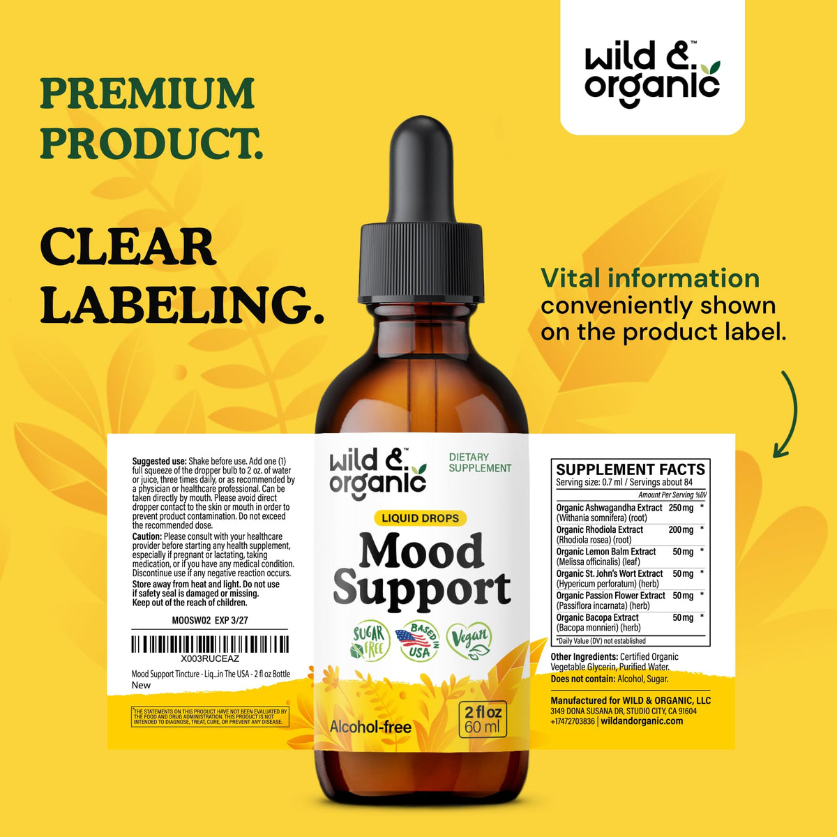 Wild & Organic Mood Support Drops - Good Mood Supplements w/Ashwagandha Root & Rhodiola Rosea - Natural Liquid Drops for Positive Energy - Calm and Relax Supplements for Women and Men - 2 oz Wild & Organic buy supplements Au
