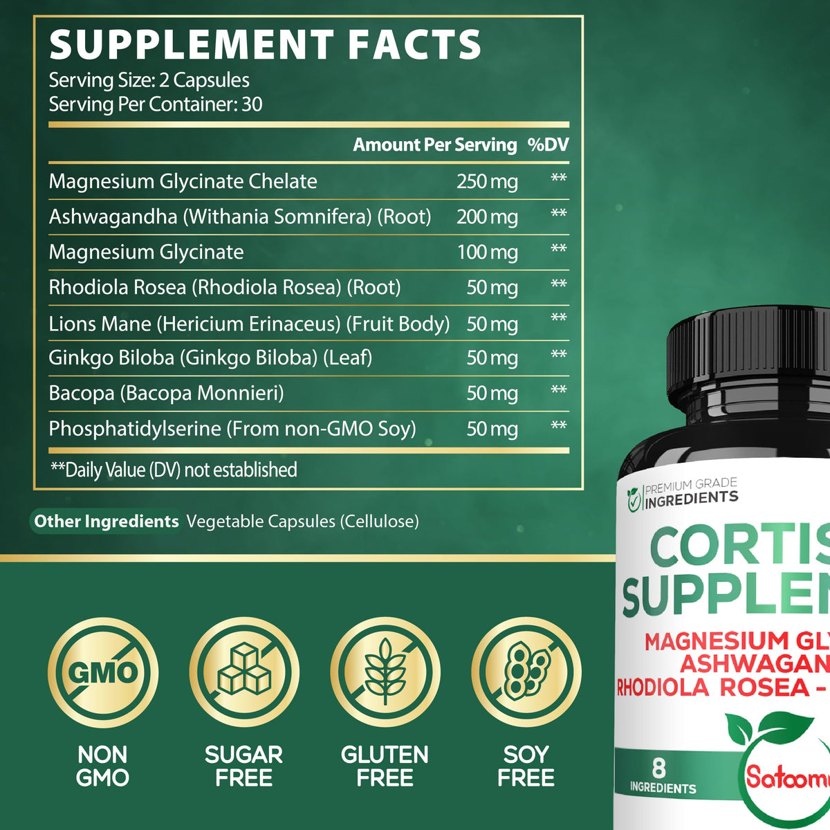 Satoomi 8in1 Cortisol Manager with Magnesium Glycinate, Ashwagandha, Rhodiola Rosea, Lions Mane & More - Cortisol Reducer Supplement Men & Women - 60 Capsules SatoomiBuy Supplements Australia