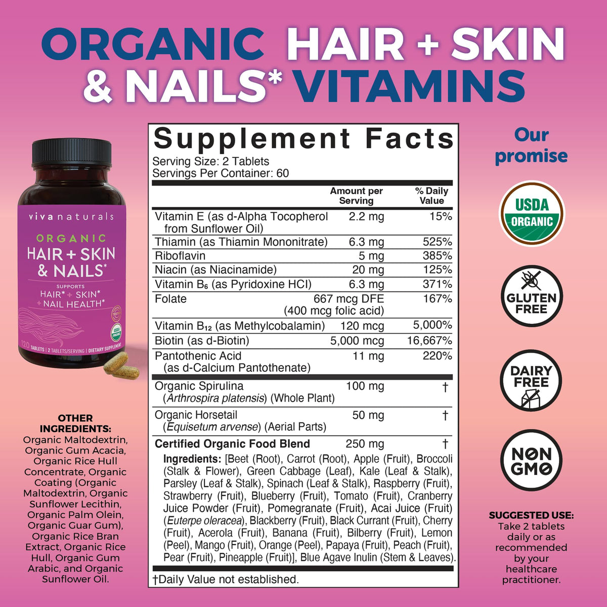 Biotin 5000 mcg Hair Skin Nails Vitamins for Women – Organic and Vegetarian-Friendly Supplement with Vitamin E, B-Vitamins, Spirulina Viva NaturalsBuy Supplements Australia