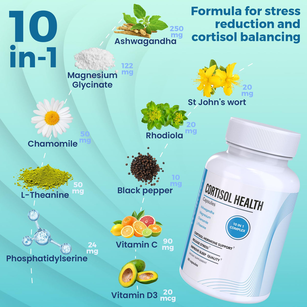 10-in-1 Cortisol Supplements with Magnesium, Ashwagandha, Chamomile, L-Theanine, St. John's Wort, Rhodiola, 60 Capsules, Cortisol Supplements For Women -& Men, Cortisol Reducer, High cortisol WelldietBuy Supplements Australia