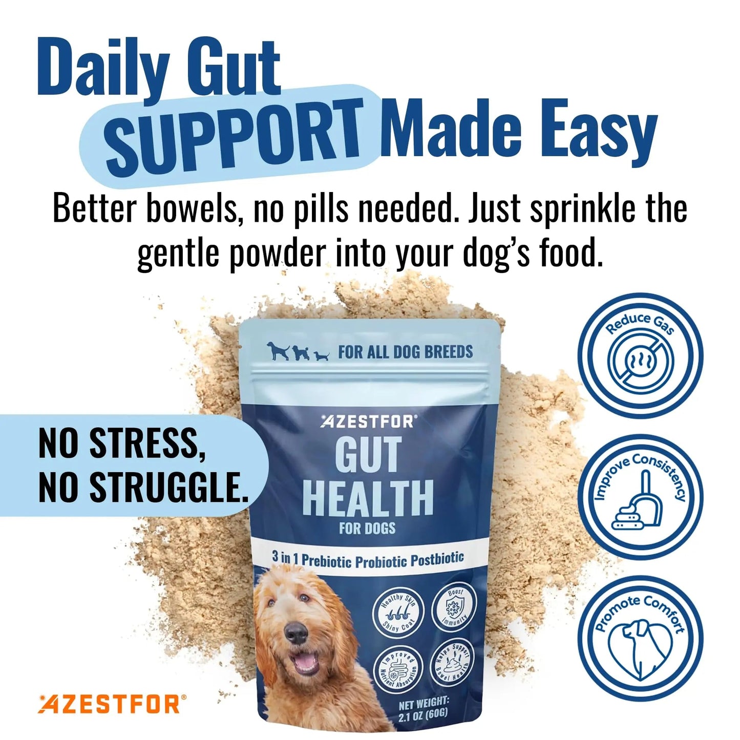 Azestfor Gut Health Supplement for Dogs – 3 in 1 Probiotic, Prebiotic & Postbiotic Blend – Supports Digestion, Immunity & Skin – Easy-to-Use Powder – for All Breeds & Sizes – 60g (30 Servings) AzestforBuy Supplements Australia