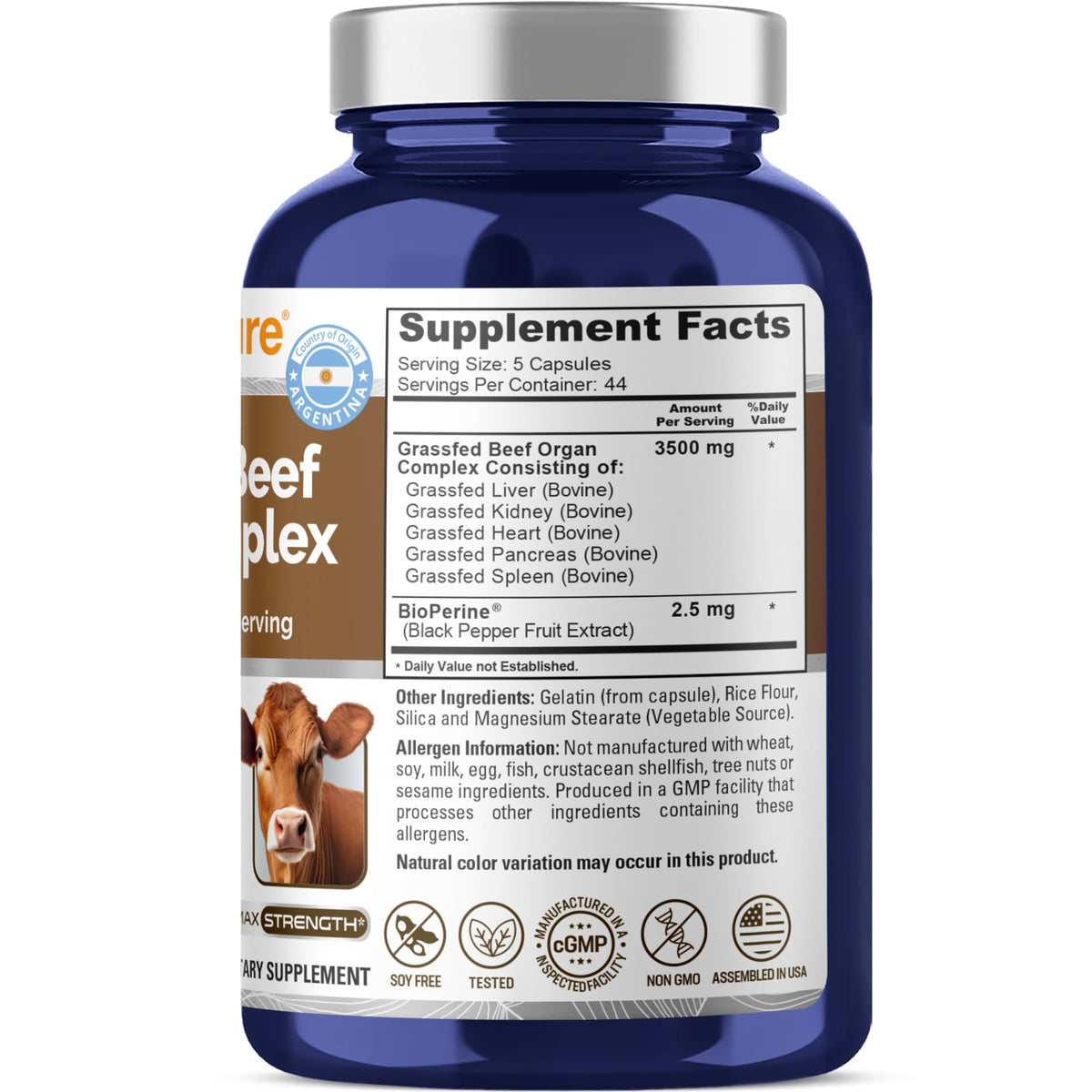 NusaPure Grass Fed Beef Organ Complex | 220 Capsules | Pasture Raised | with Desiccated Liver, Kidney, Pancreas, Heart, Spleen | Soyfree Non-GMO, Bioperine NusaPureBuy Supplements Australia