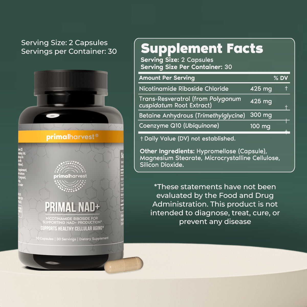 Primal Harvest NAD+ Supplement: Nicotinamide Riboside, Trans-Resveratrol, Betaine, CoQ10, NAD Supplements for Cellular Health, Energy, and Mitochondrial Support Primal HarvestBuy Supplements Australia