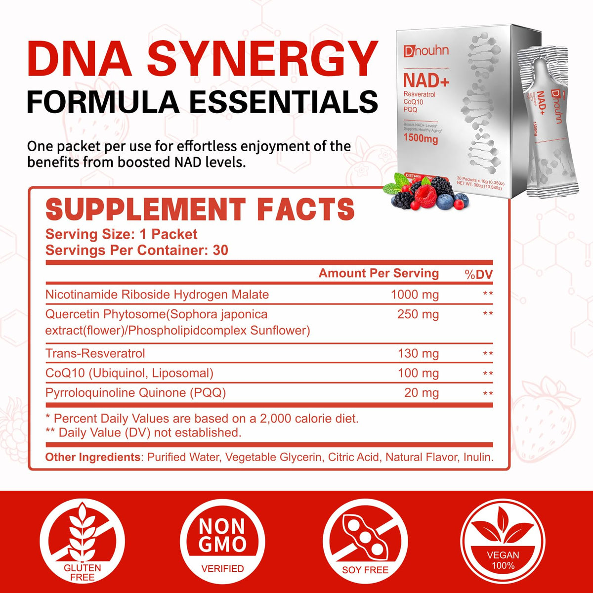 DNOUHN NAD Liquid Supplement 1500mg, Nicotinamide Riboside & Resveratrol with PQQ, NAD Supplement for Women & Men, Boosts Cellular Energy, Anti-Aging, Immune, Focus, 30 Packets DNOUHNBuy Supplements Australia