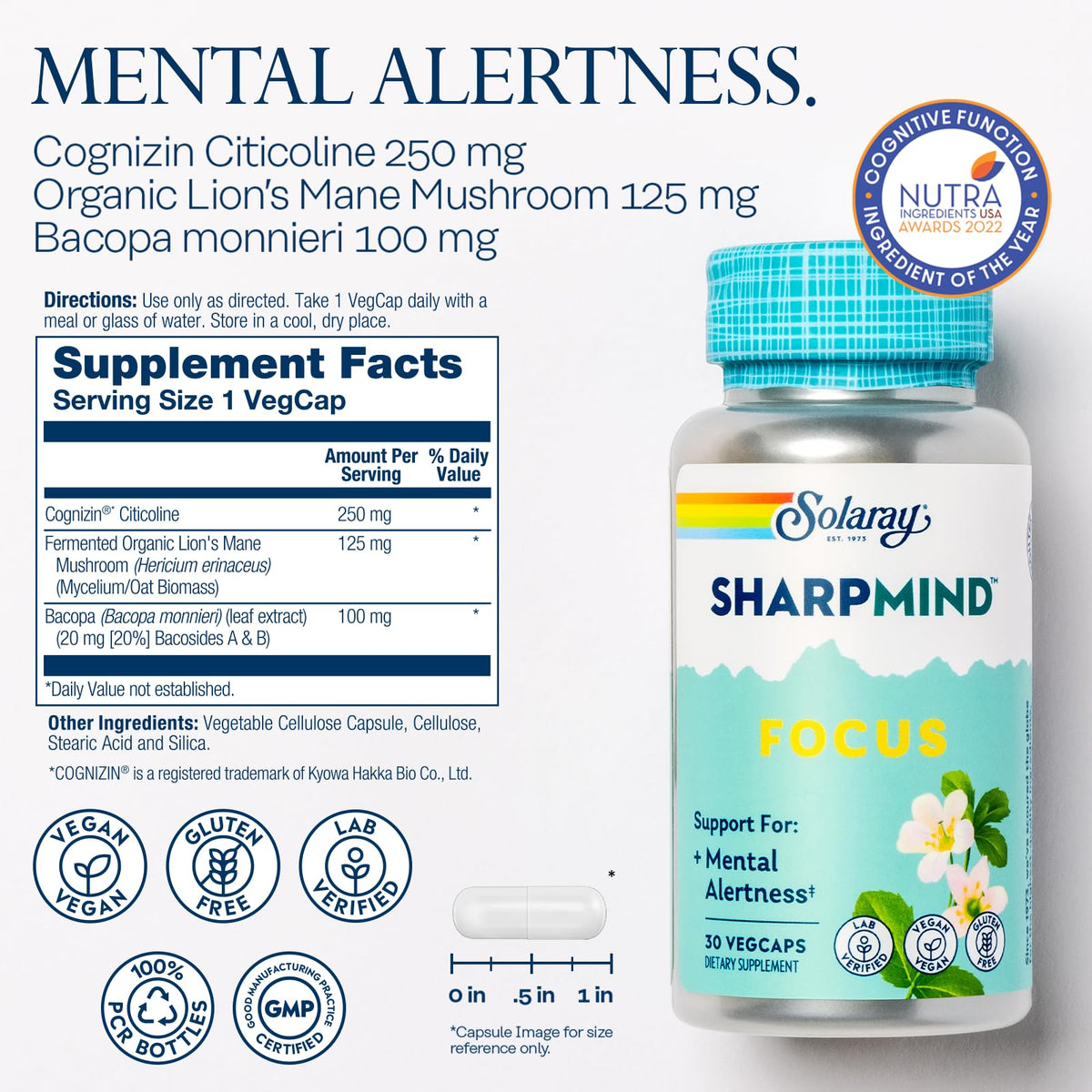 SOLARAY SharpMind Focus, Mental Alertness Nootropic Supplement, Memory Support, Each Capsule with Cognizin Citicoline, Vegan, 60 Day Money Guarantee, 30 Serv 30 Vegetarian Capsules Pills SOLARAYBuy Supplements Australia