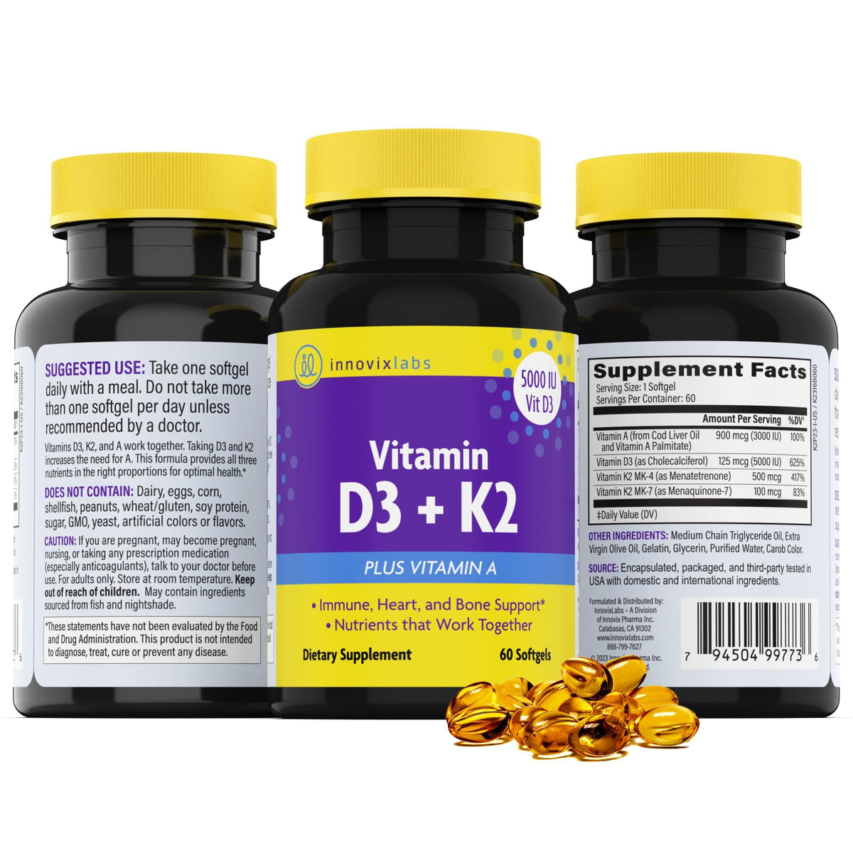 InnovixLabs Vitamin D3 K2-5000 IU Vitamin D3 Plus 600 mcg Vitamin K2 MK4 and MK7 for Max Calcium Absorption, Supports Bone, Immune, Heart Health