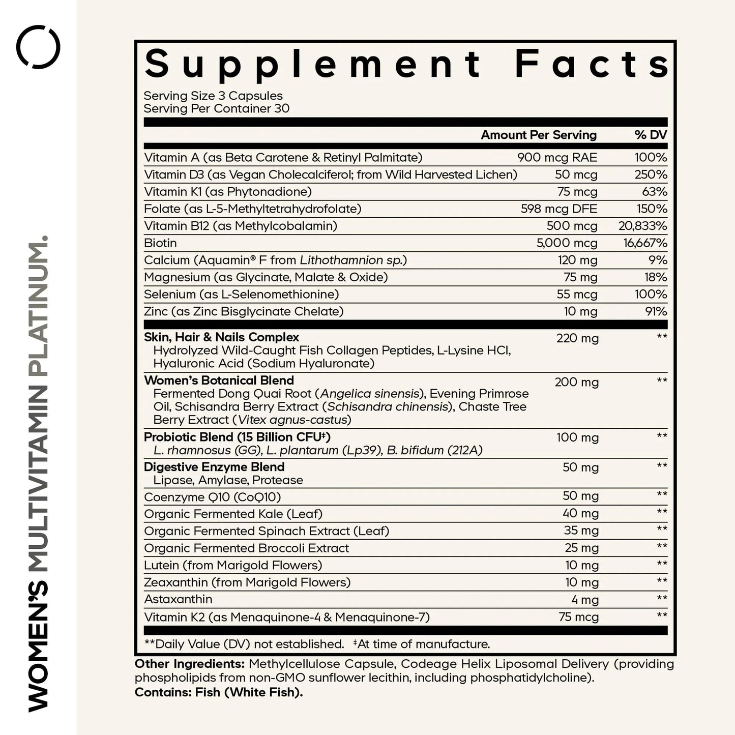 Codeage Women’s Multivitamin Platinum - Vitamins A D3 K1 K2 B12 & Minerals, CoQ10, Skin, Hair & Nails Complex, Collagen, Botanicals, Probiotics Codeage