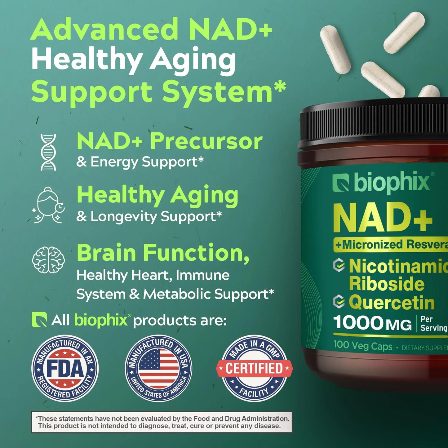 biophix NAD+ Liposomal Supplement for Women & Men - 1000 mg per Serving - Nicotinamide Riboside, Micronized Resveratrol & Quercetin Complex - 100 Veg Capsules - Non-GMO, Gluten-Free, cGMP Certified biophixBuy Supplements Australia