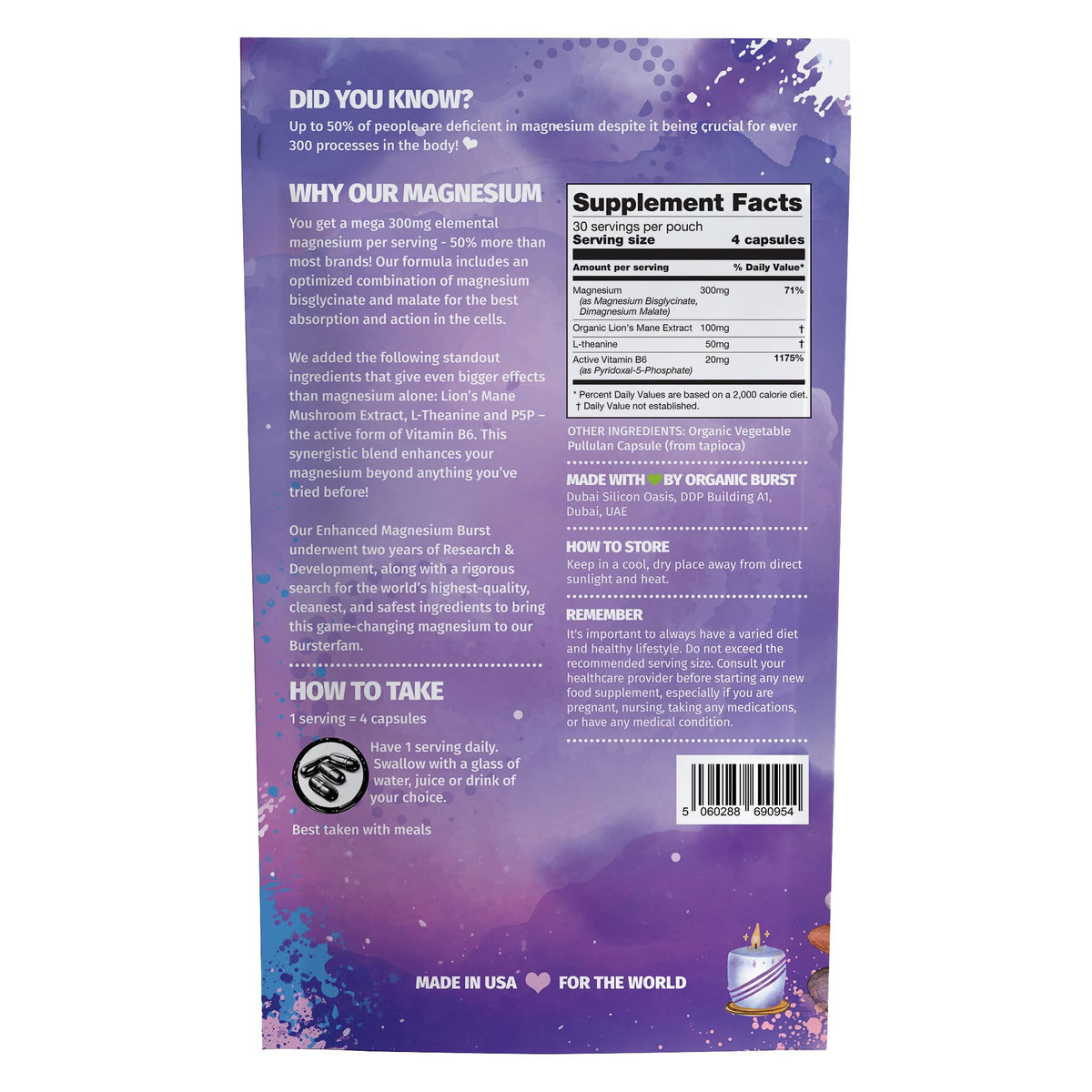 Enhanced Magnesium (Capsules) | Precise 300mg per Serving | Enhancement Blend: Organic Lion's Mane Extract, L-theanine, Active Vitamin B6 | 120 Capsules - by Organic Burst Organic BurstBuy Supplements Australia