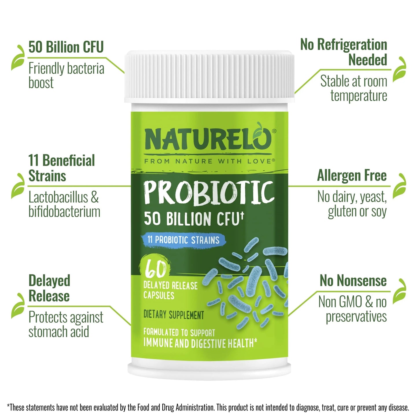 NATURELO Probiotics for Digestive Health, 50 Billion CFU, 60 Vegetarian Capsules, 11 Strains, Daily Use Supplement, Delayed Release, No-Fridge, Boosts Immune System, Probiotics for Women & Men NATURELOBuy Supplements Australia