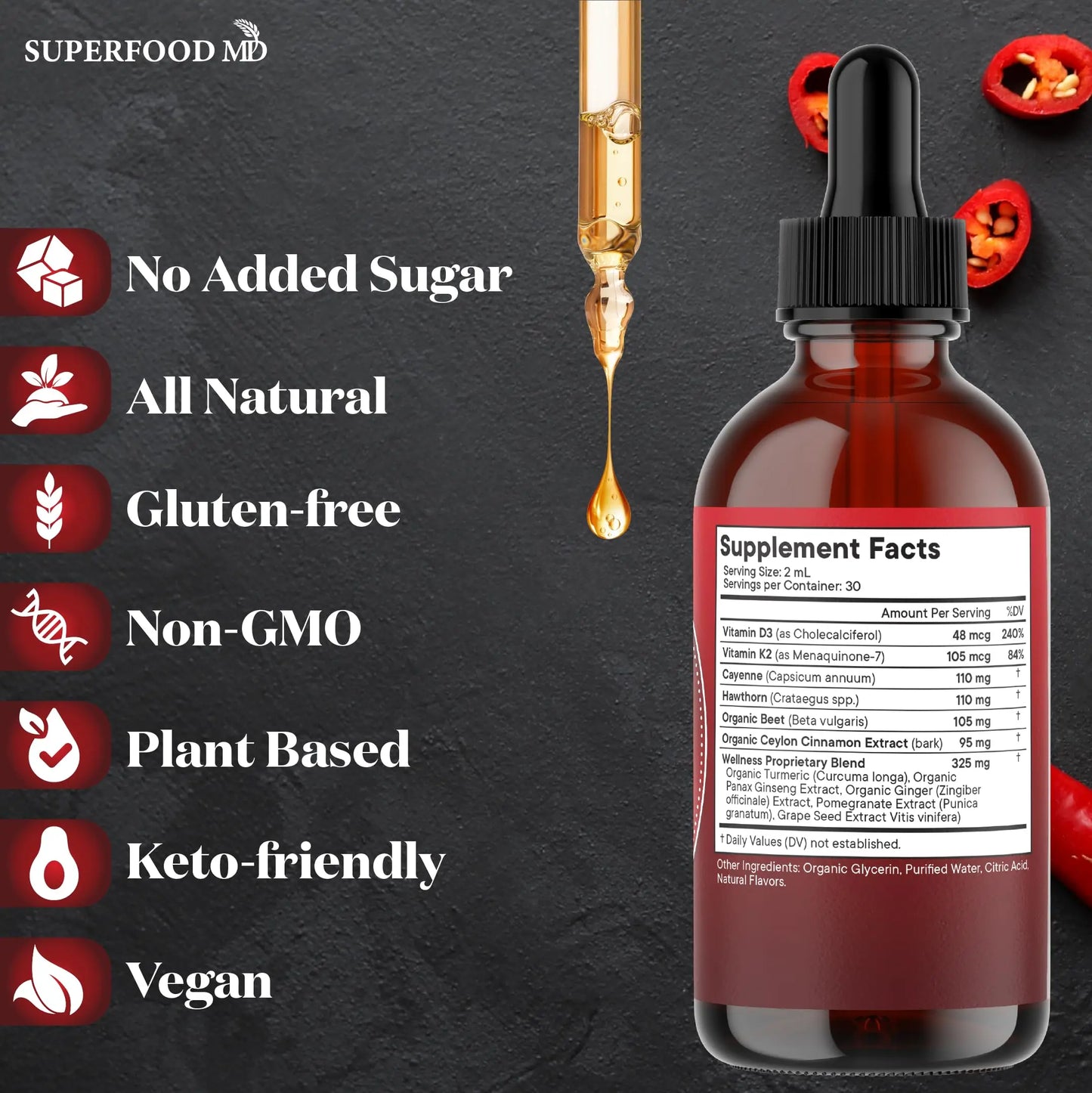 Cayenne Pepper Supplement Liquid Drops + Hawthorn Berry, Vitamin D3 K2 Beet Root Powder, Ceylon Cinnamon, Turmeric Curcumin, Organic Panax Ginseng - 4 OZ Superfood MD buy supplements Au
