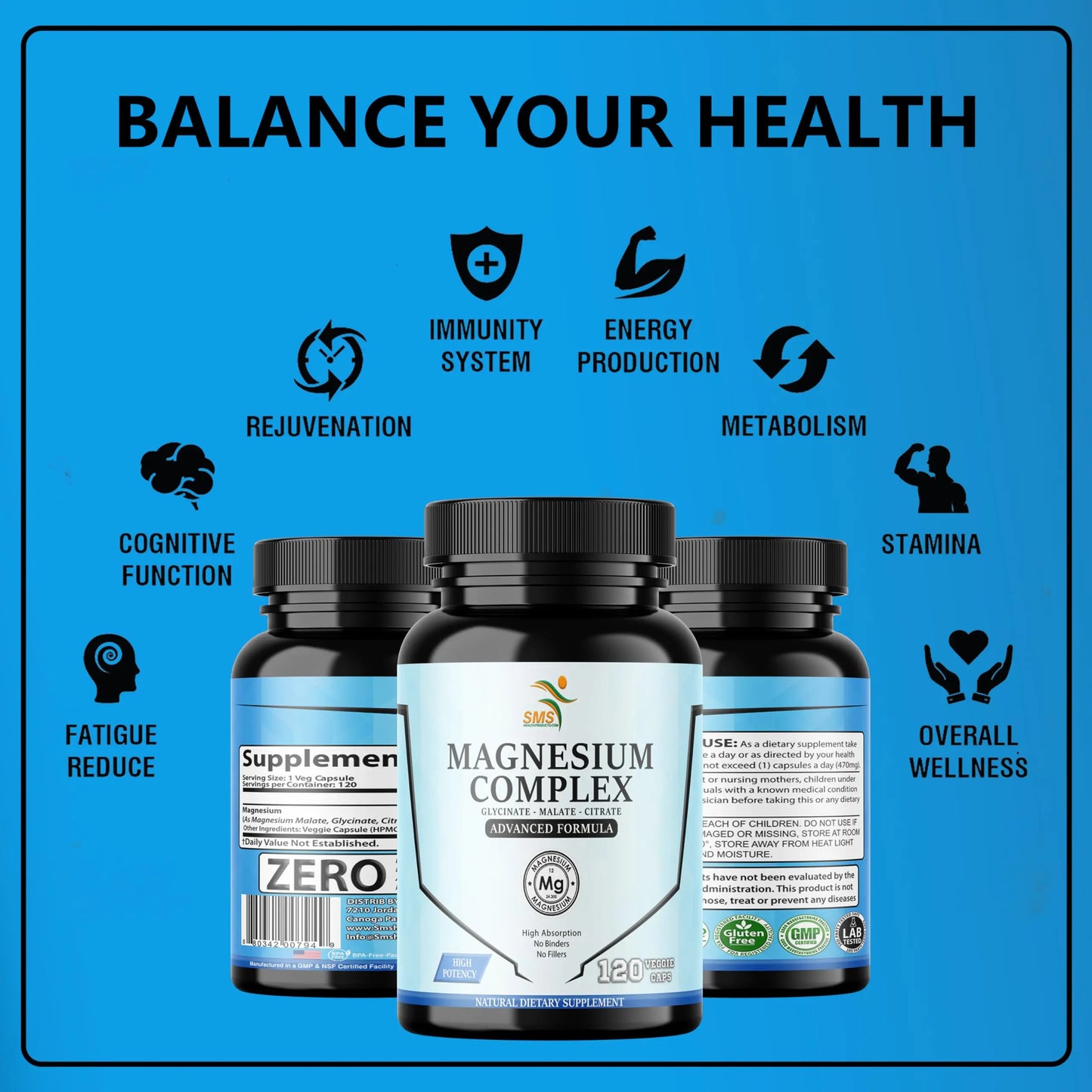 SMSHEALTHPRODUCTS.com Magnesium Complex | 470mg of Magnesium Glycinate, Malate, & Citrate for Muscles, Nerves, & Energy | High Absorption | Vegan, Non-GMO | 120 Capsules SMSHEALTHPRODUCTS.com buy supplements Au