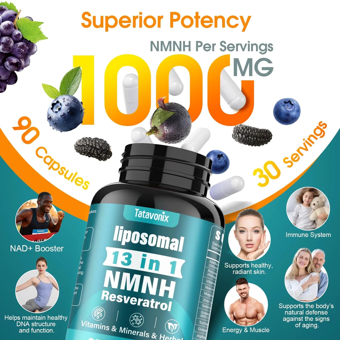 NMNH (Dihydronicotinamide Mononucleotide) 1000mg per Serving - NMN Alternative with Liposomal NAD+, Resveratrol & PQQ| Non-GMO, Gluten-Free | Supports Energy, Focus & Healthy Aging | 90 Capsules TatavonixBuy Supplements Australia
