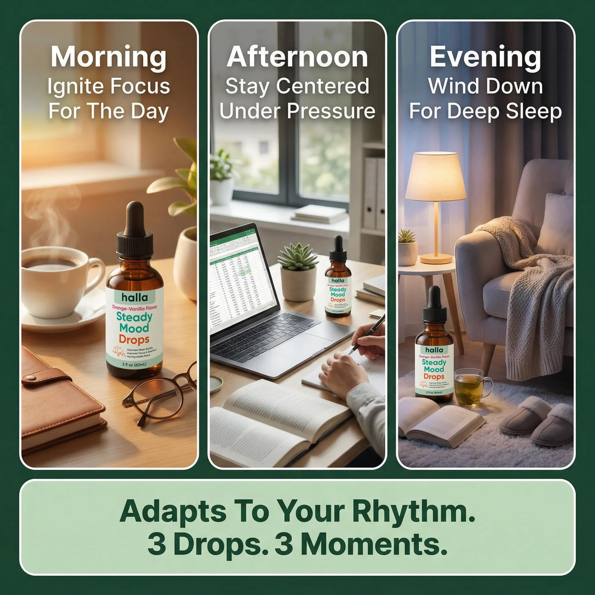 Halla Steady Mood Drops Saffron Extract, Maritime Pine Bark Extract, Phosphatidylserine, Magnesium L-Threonate, Sleep Supplements, Improves Focus & Attention, Mood Support Supplement, 60ml HALLA buy supplements Au