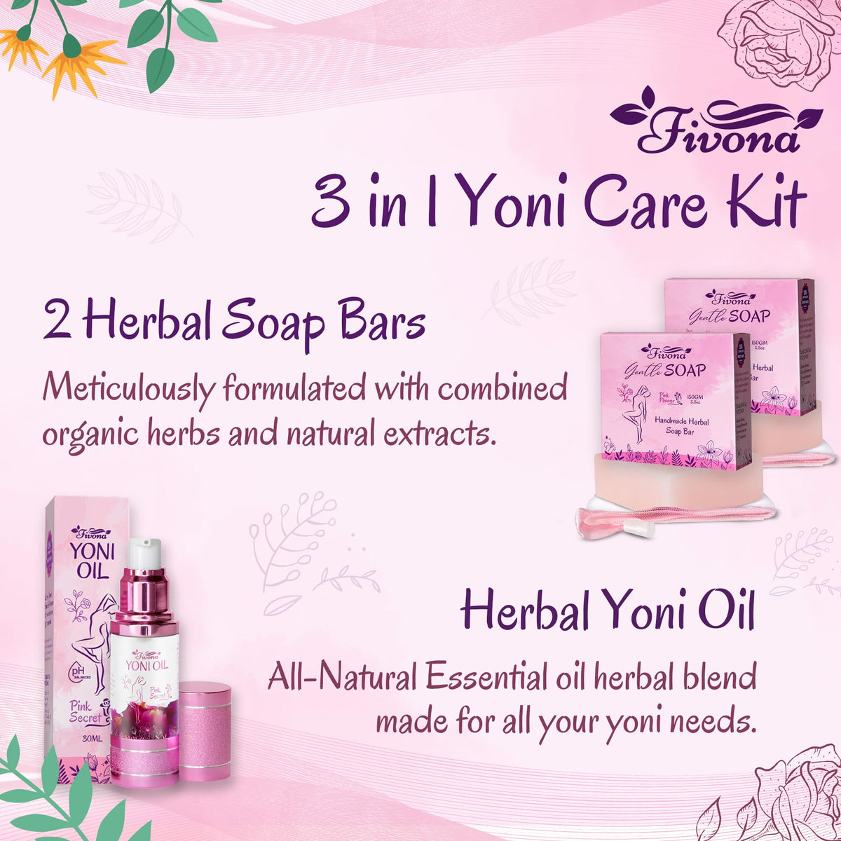 FIVONA 3 in 1 Set of Yoni Oil with 2 Yoni Soap Bars - Feminine pH Balanced Natural Vaginal Oil 30 ml FIVONABuy Supplements Australia