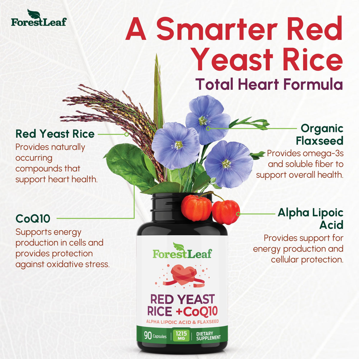 Red Yeast Rice 1215 mg. Capsules - Extra Strength Red Rice Yeast with CoQ10 Supplement, Plus Alpha Lipoic Acid & Organic Flaxseed, Citrinin Free,