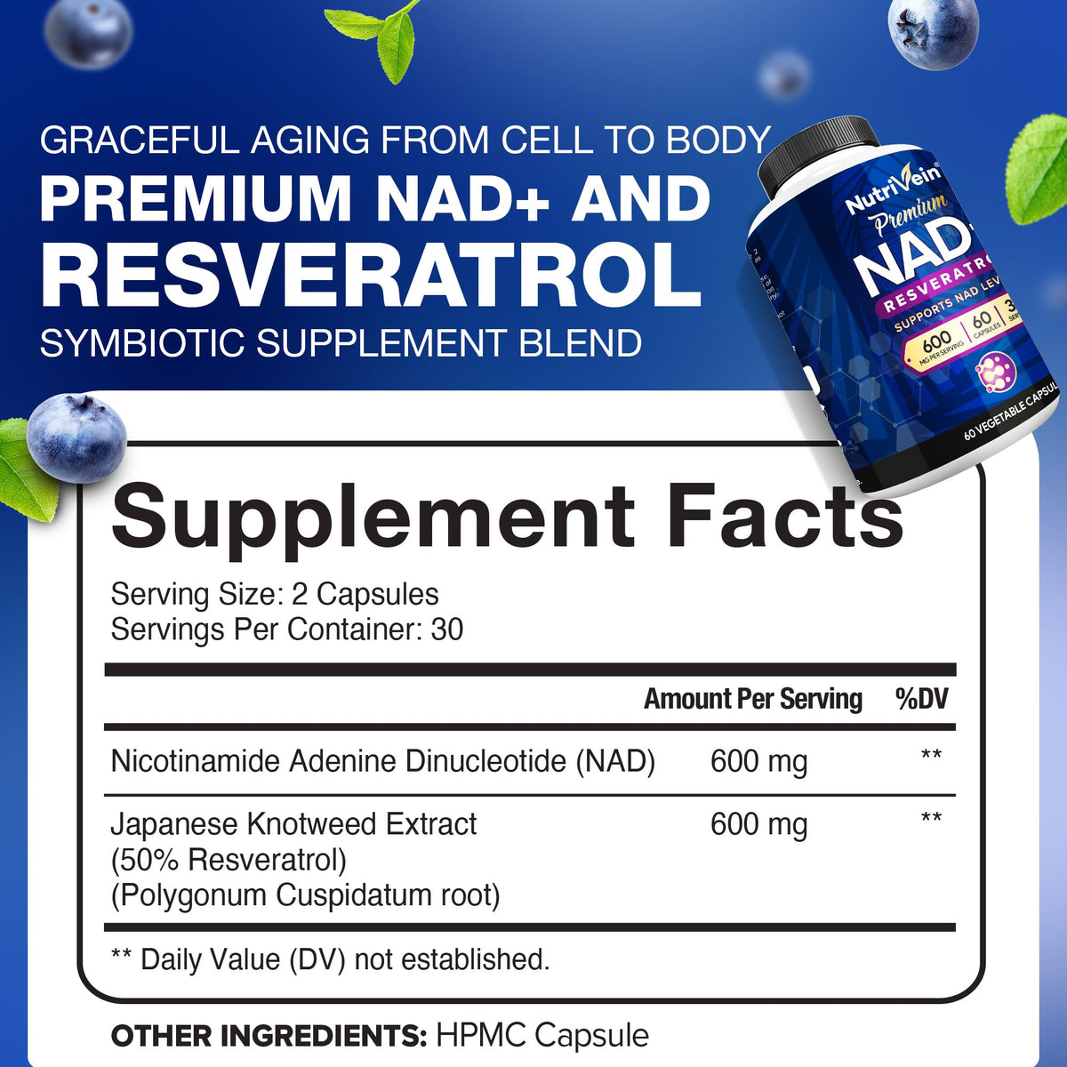 Nutrivein Premium NAD + Resveratrol Supplement 600 mg - 30 Servings (60 Capsules): Powerful Synergistic NAD Resveratrol Supplement - Aging, Cognition, Metabolism, & Overall Well-Being NutriveinBuy Supplements Australia