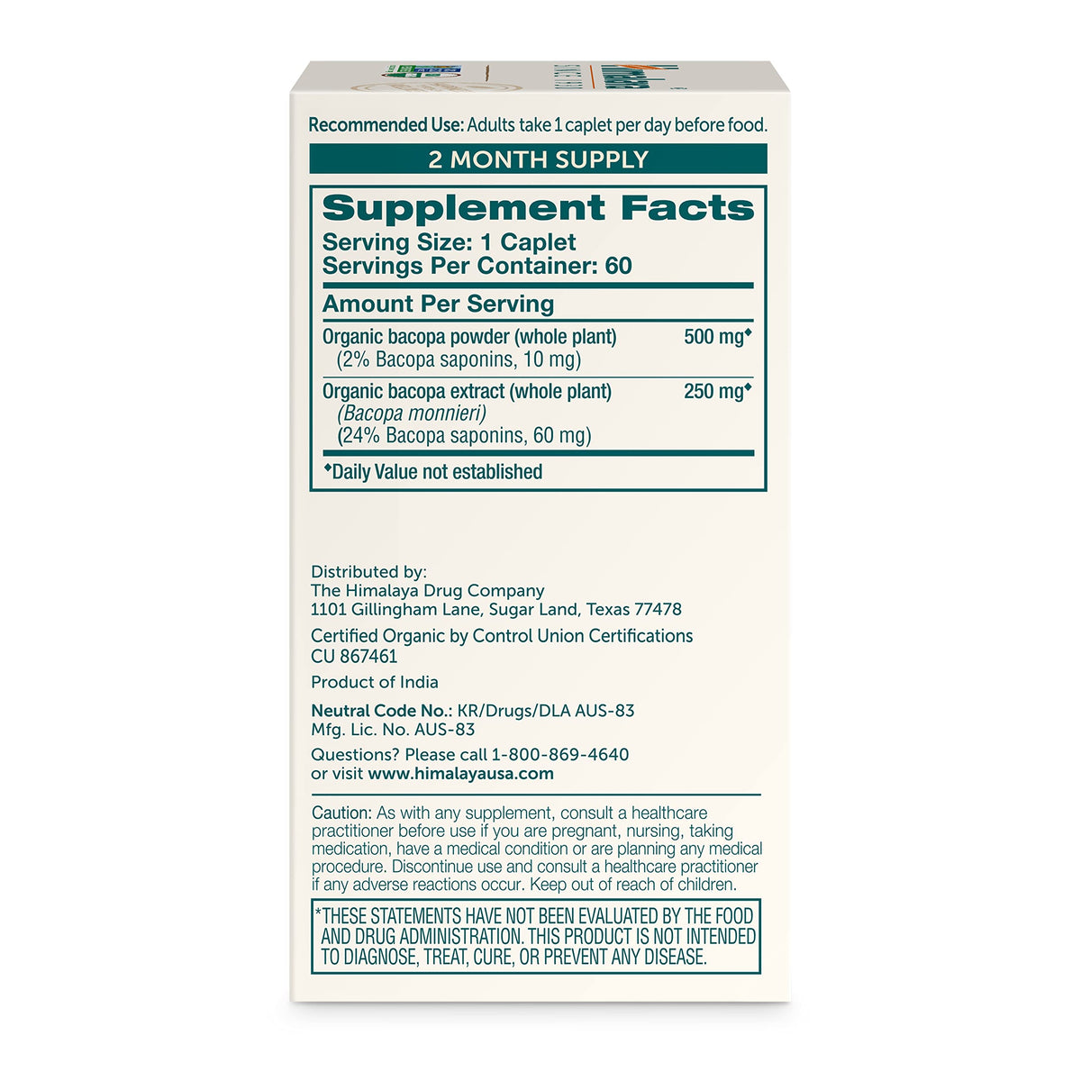Himalaya Bacopa Monnieri Nootropic Herbal Supplement, Supports Calm, Memory, Cognition, USDA Certified Organic, Non-GMO, 750 mg, 60 Plant-Based Caplets, 60 Day Supply HimalayaBuy Supplements Australia