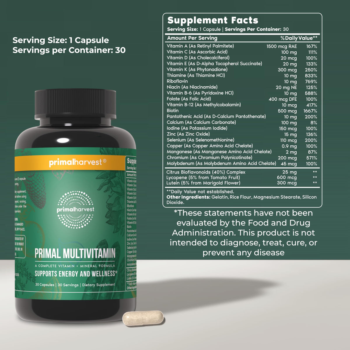 Primal Harvest Primal Multivitamin - Daily Multi-Vitamin Supplement with 21 Essential Vitamins & Minerals for Women & Men - Vitamin A, C, D, E, B12, B6