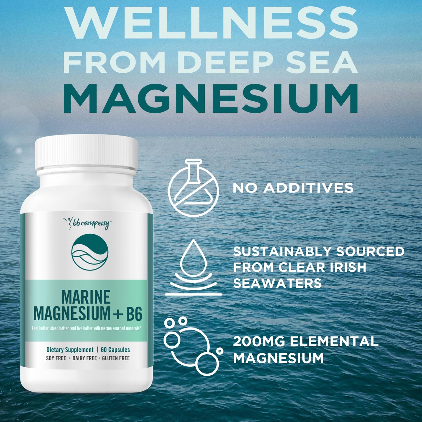 Ocean Magnesium 200mg Aquamin | More Soluble Than Magnesium Glycinate | Whole Food Mag B6 Supplement for Women | Gentle on Stomach & Vegan | Sleep Support, Calms Nerves & Leg Cramps | 60 Ct BB CompanyBuy Supplements Australia
