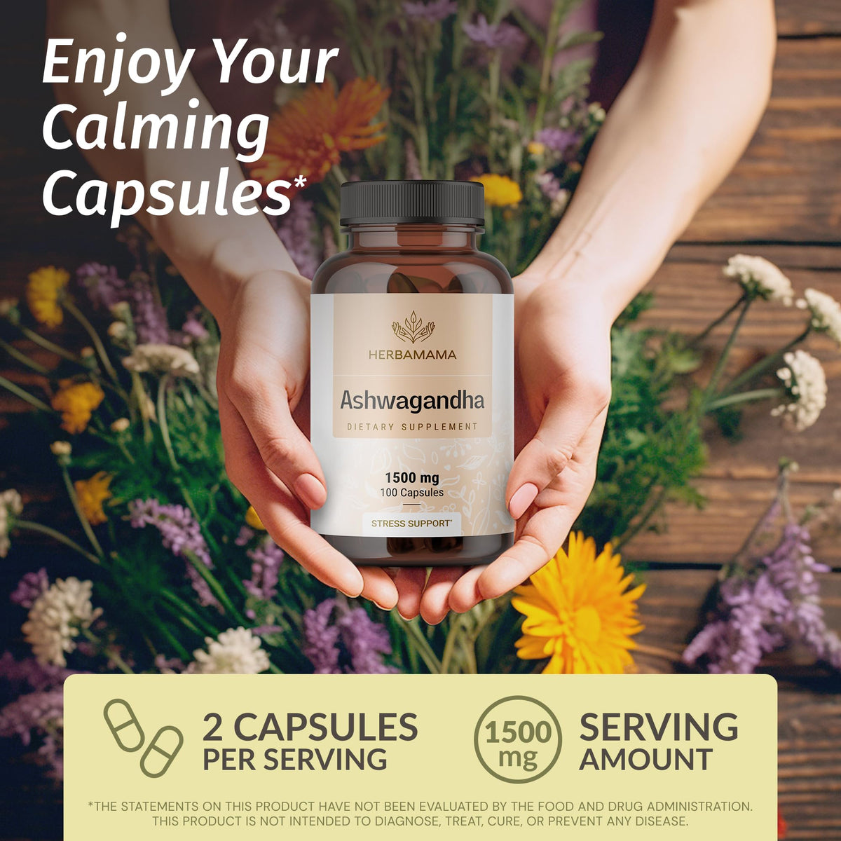 HERBAMAMA Ashwagandha Capsules - 1500mg Pure Ashwagandha Root Focus Supplement - Vegan, Non-GMO Mood & Calm Support Supplement for Adults, 100 Caps HERBAMAMABuy Supplements Australia