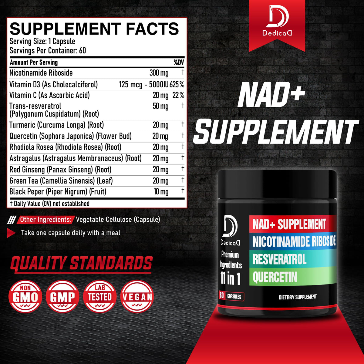 DEDICAD 11in1 NAD Supplement with Nicotinamide Riboside, Quercetin, Resveratrol and 8 More - 2 Month Supply DEDICADBuy Supplements Australia