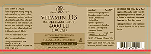 Solgar Vitamin D3 4000 IU (100 µg) Vegetable Capsules - Pack of 60 - Cholecalciferol SOLGARBuy Supplements Australia