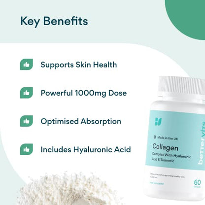 Bettervits Collagen Complex | 1000mg Hydrolyzed Capsules | Skin | Hair | Nails | Joints | Hydrates & Smooths | With Hyaluronic Acid & Vitamin E BettervitsBuy Supplements Australia